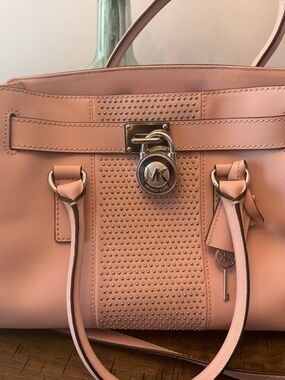Michael Kors Blush Pink Saffiano Leather Studded Satchel with Lock Charm